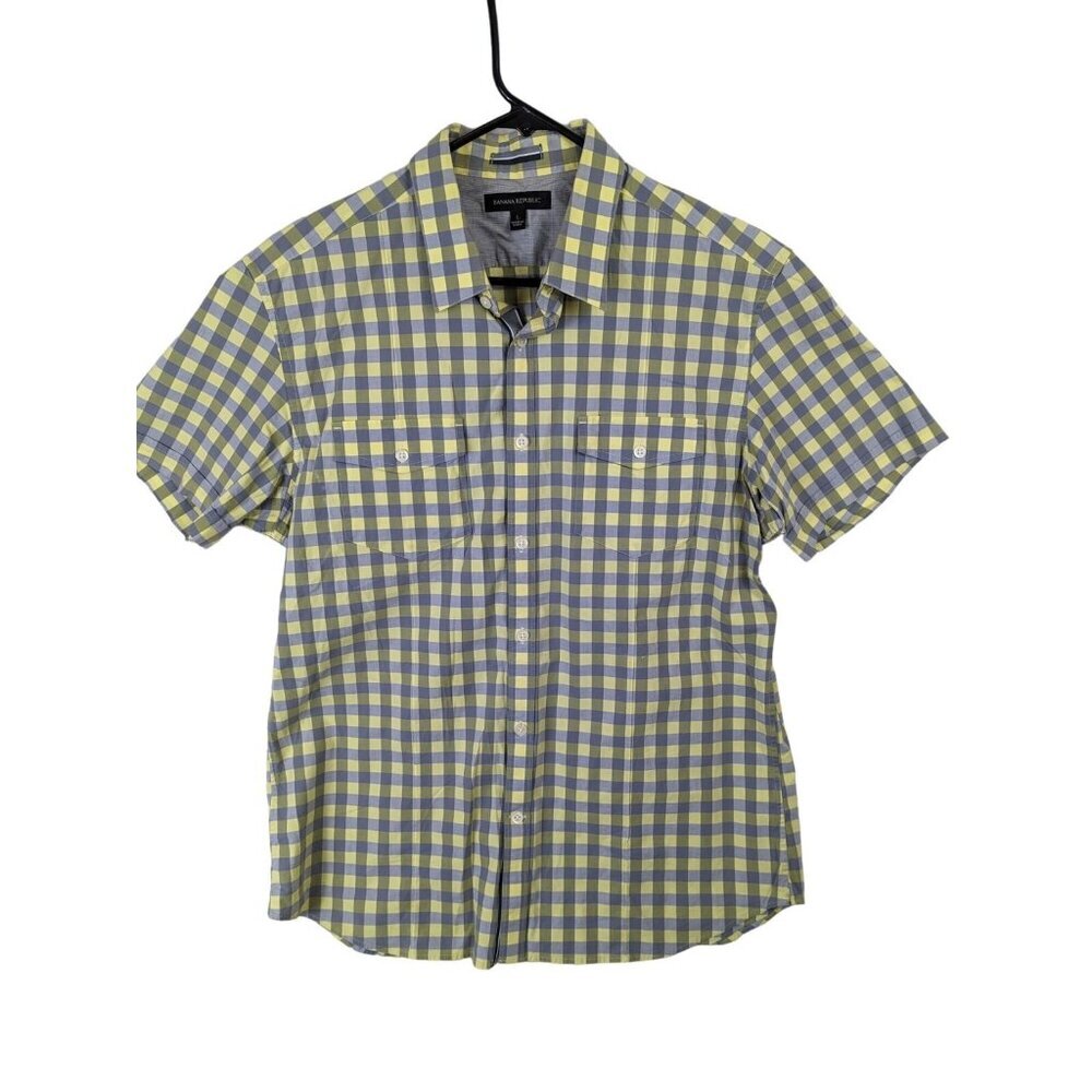 Banana Republic Men size L Shirt Yellow Gray Plaid Slim Fit Button Front Pockets